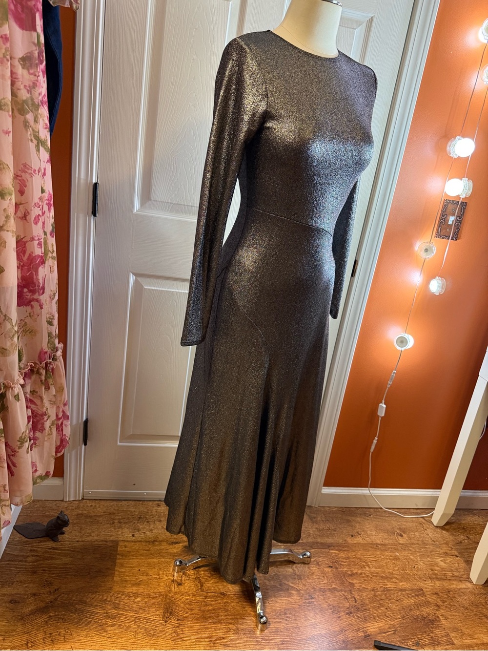 Topshop Metallic Long-Sleeve Maxi Dress in Shimmering Silver-Gray